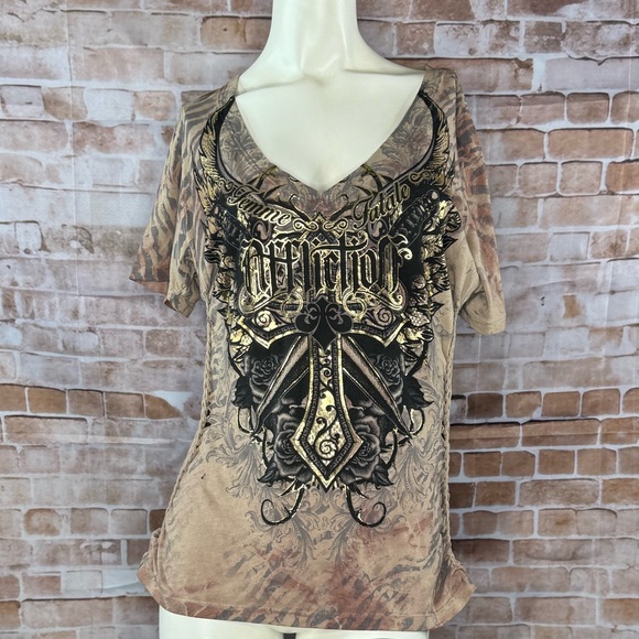 Affliction Tops - Affliction Lily Anne V-Neck Women’s Graphic Short Sleeve T-Shirt -NWT-Size:Large